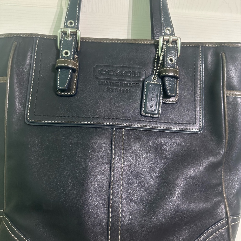 Coach Navy Leather Tote with Silver Accents